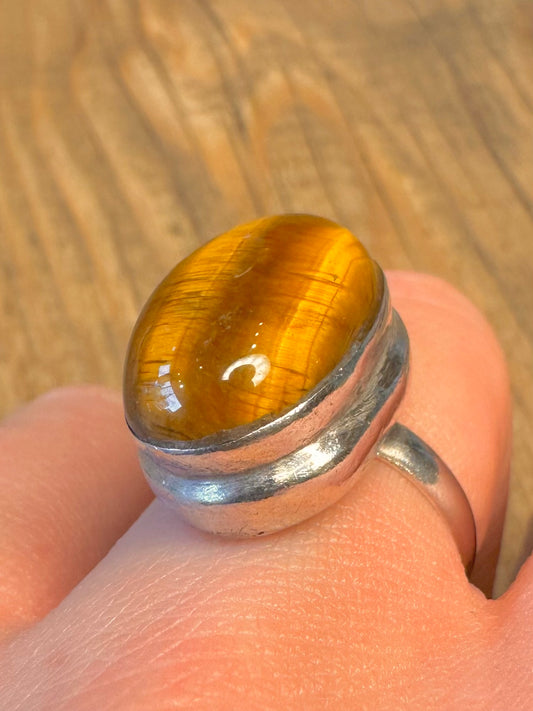 Oval Tigers Eye 925 Sterling Silver Size P Ring