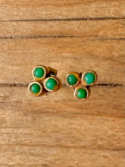 Vintage 1981 9ct Gold Green Blue Trio Stud Earrings