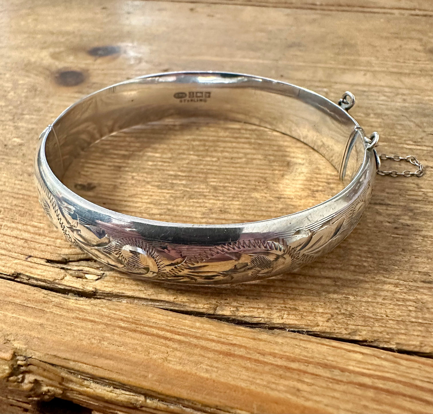 Vintage 1971 Engraved with Safety Chain Hallmarked 925 Silver Bangle