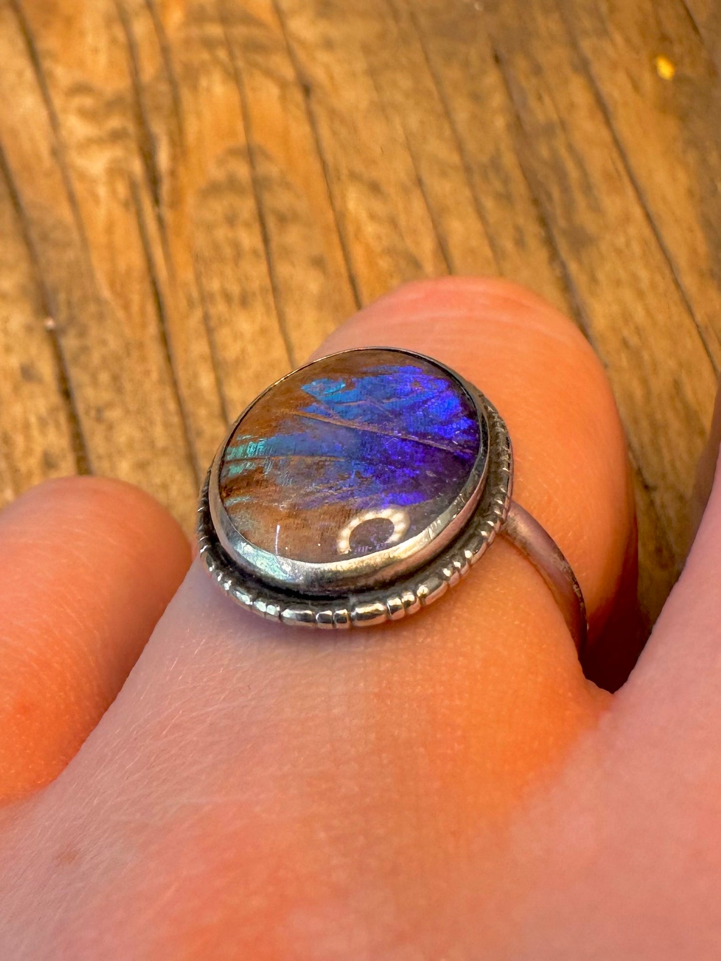 Butterfly Wing Blue Oval 925 Sterling Silver Size O1/2 Ring