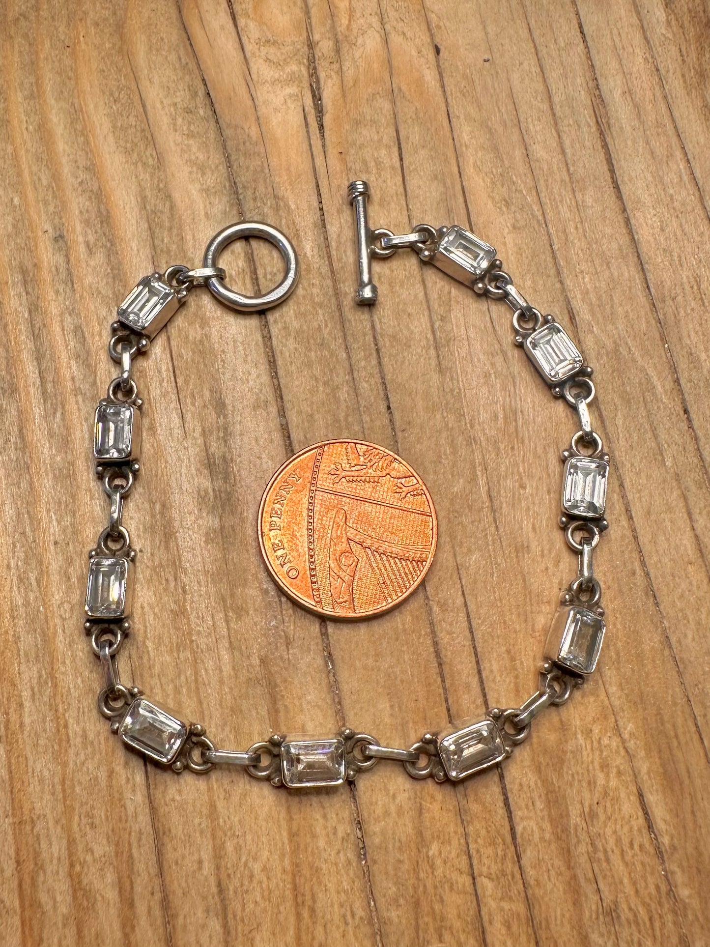 Vintage CZ Rectangle T Bar 925 Sterling Silver 7.3 inch Bracelet