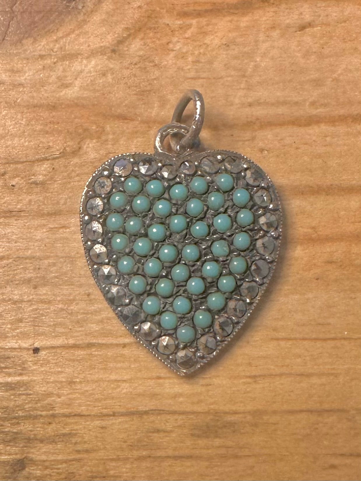Victorian Turquoise and White Stone Heart 925 Silver Pendant