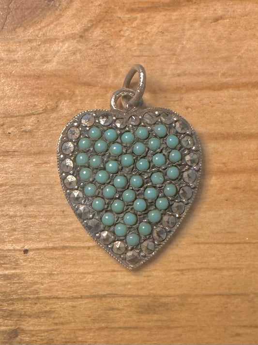 Victorian Turquoise and White Stone Heart 925 Silver Pendant