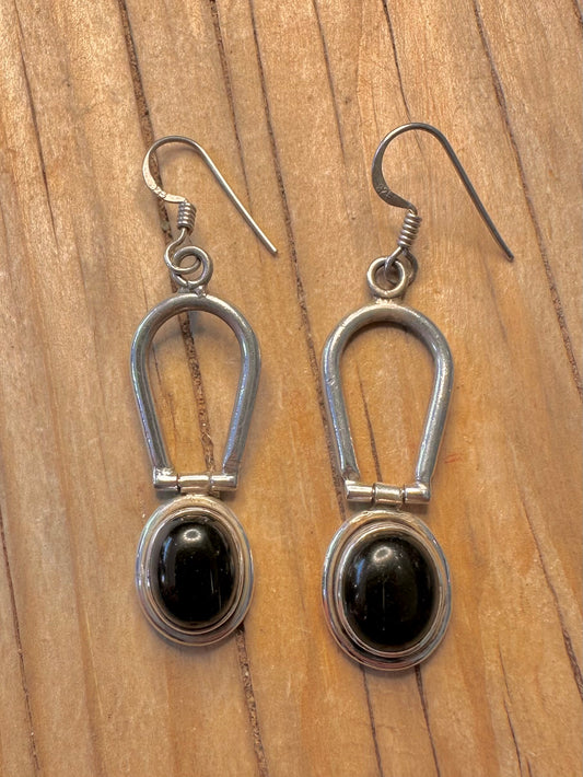 Vintage Black Stone Dangle 925 Silver Earrings