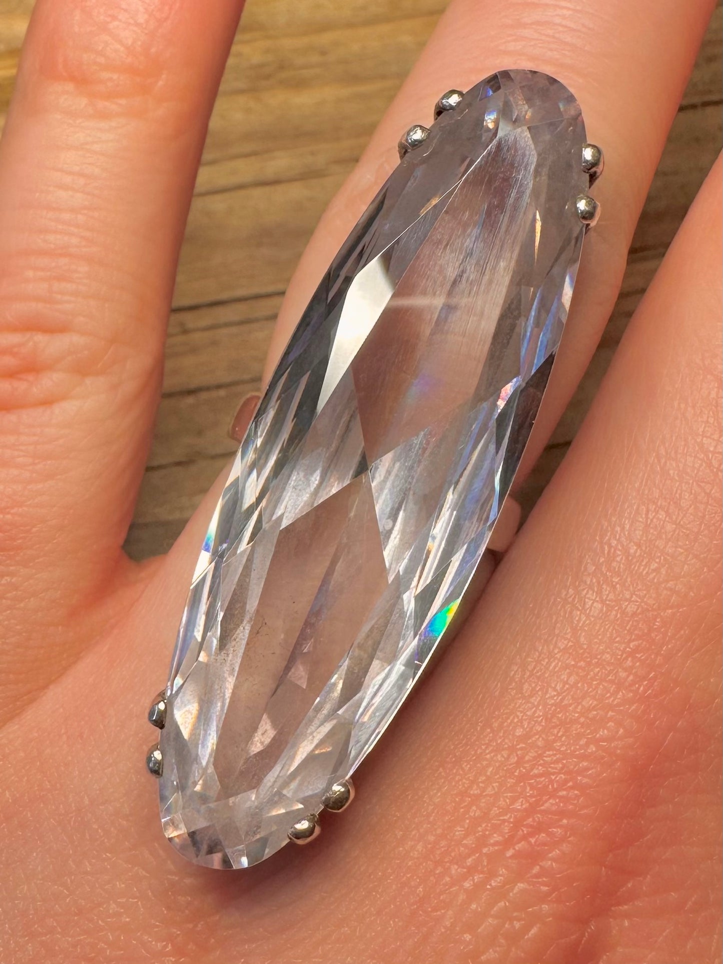 Vintage Large Marquise Cut Crystal 925 Sterling Silver Size L1/2 Ring