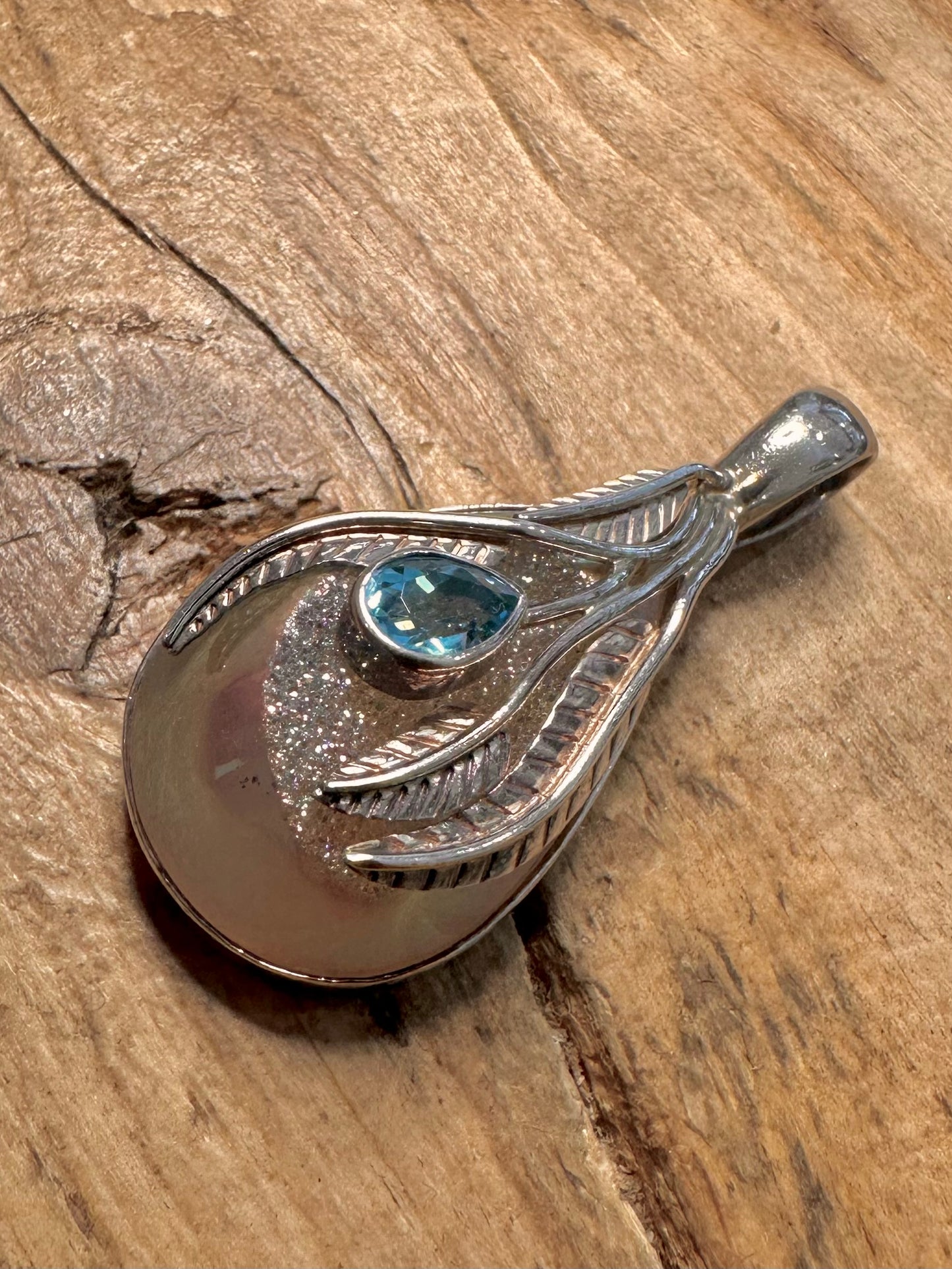 Abstract Druzy Blue Topaz Leaf 925 Silver Pendant