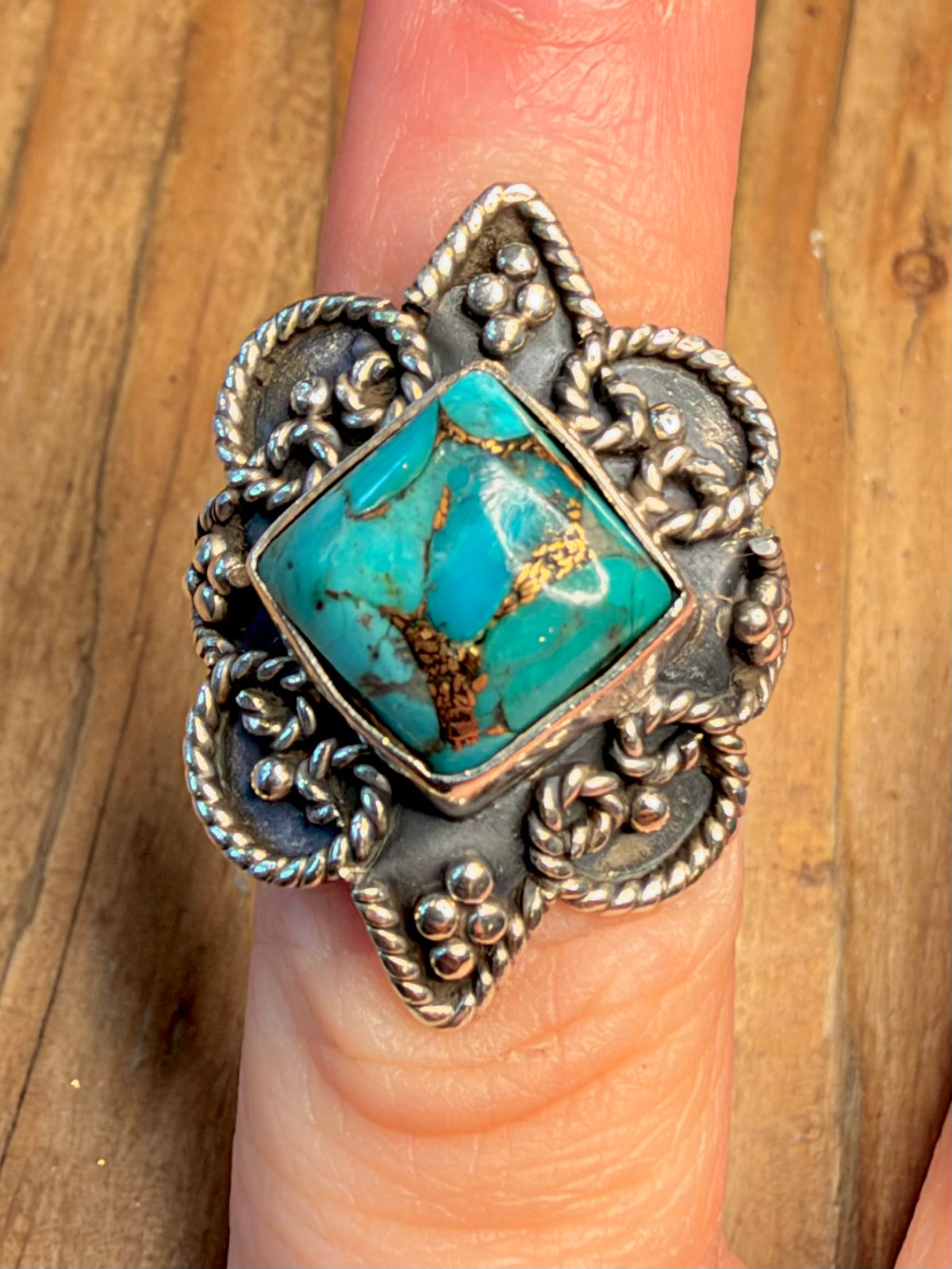 Ornate Turquoise Rope Beaded Border 925 Sterling Silver Size F1/2 Ring