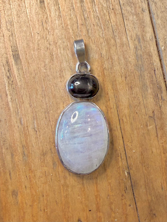 Moonstone and Dark Cabachon 925 Sterling Silver Pendant