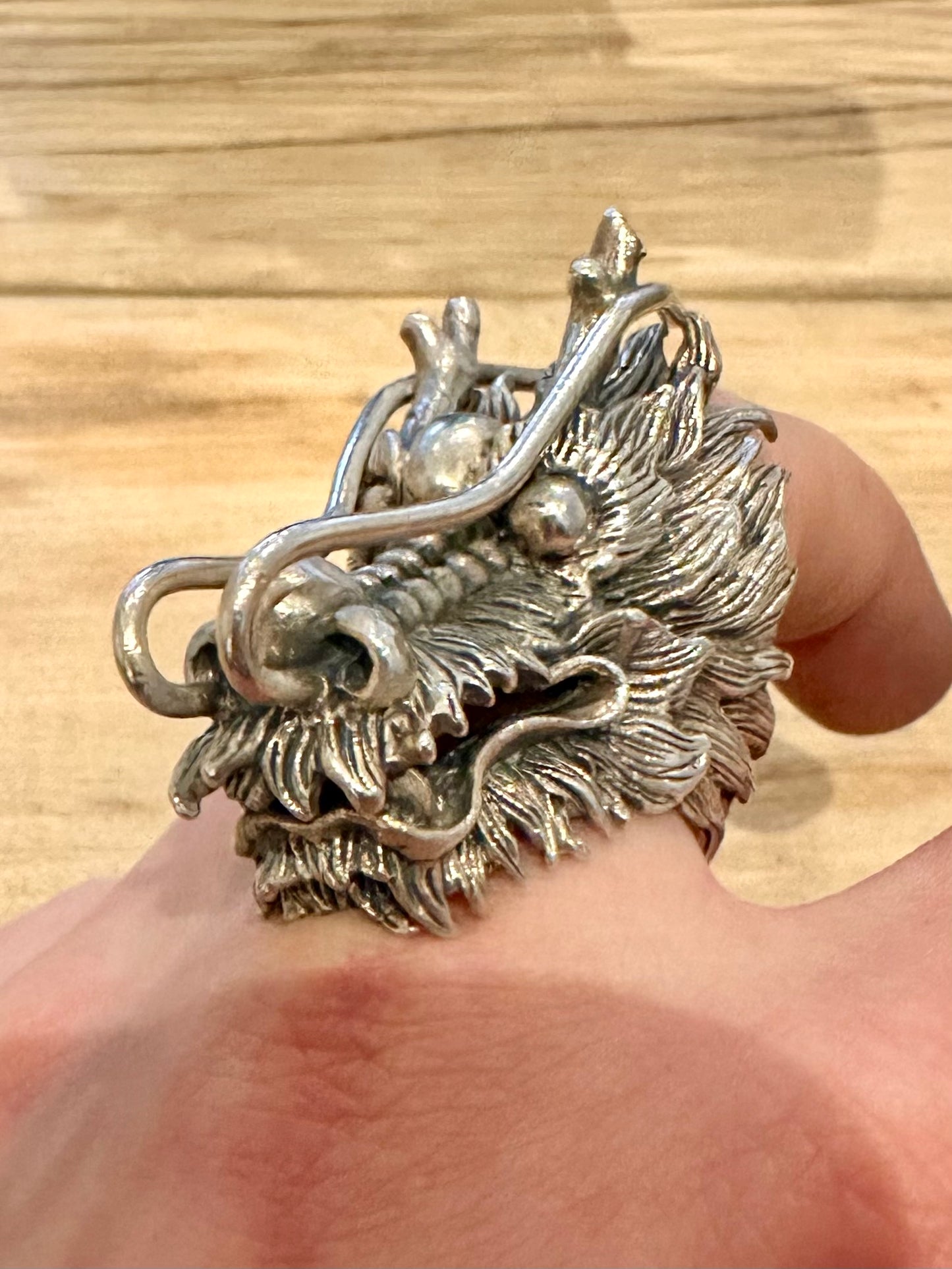 Vintage Ancient Chinese Dragon Head Solid 925 Silver Size S Ring