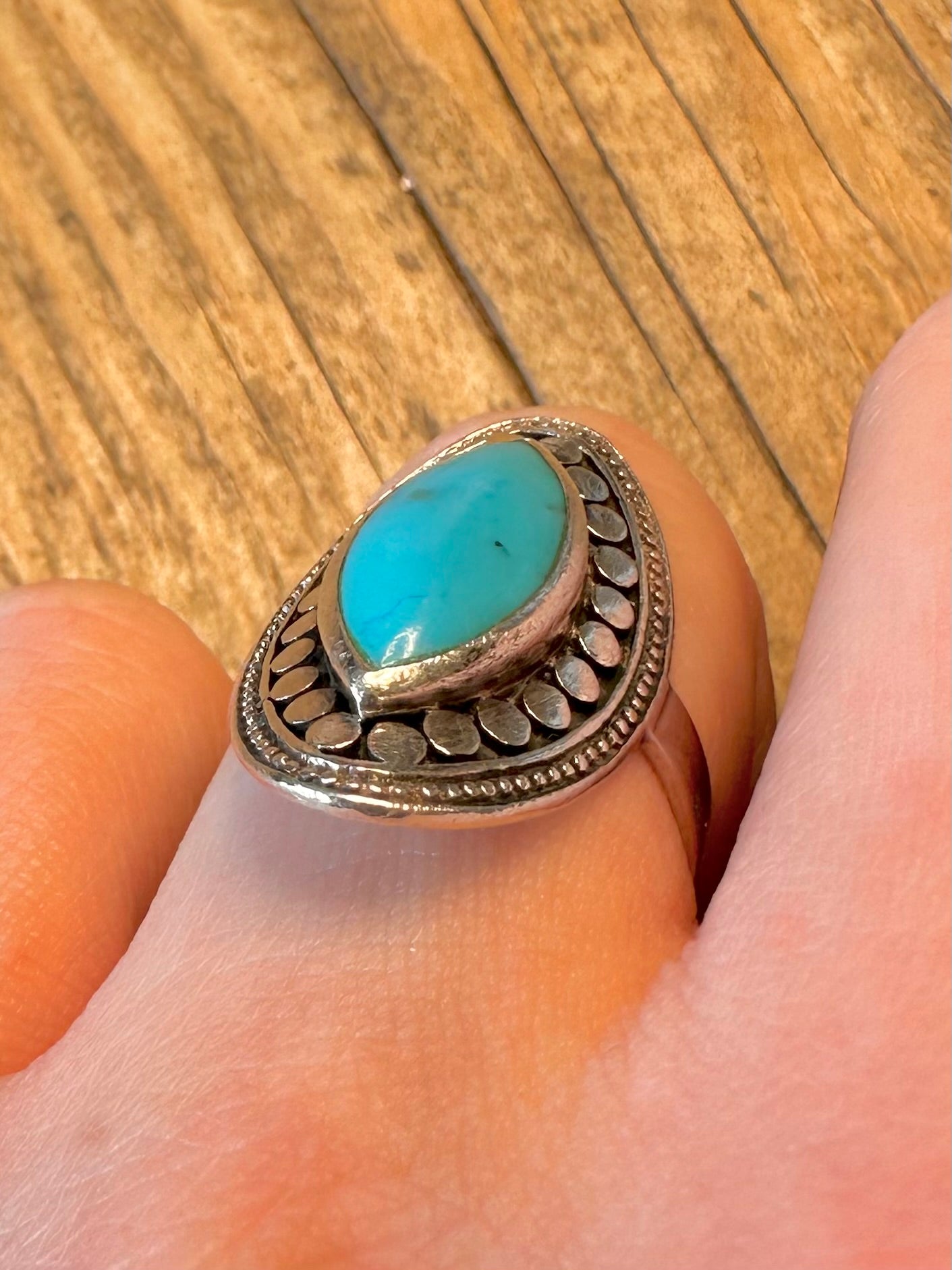 Elongated Turquoise Boho 925 Sterling Silver Size R1/2 Ring