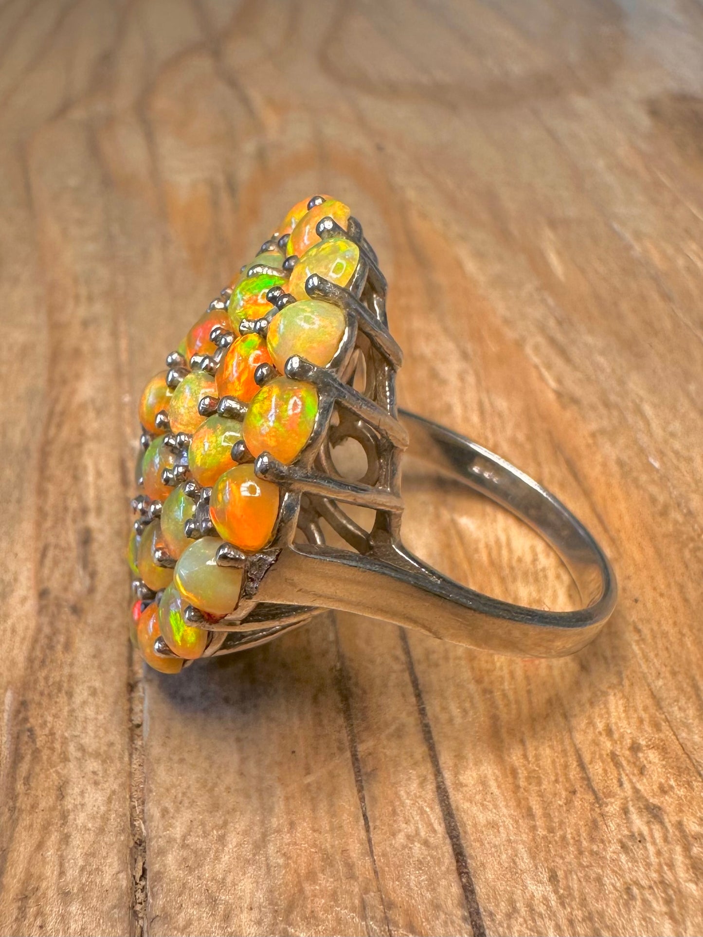 Abstract Large Opal Cluster and White Stone 925 Sterling Silver Size T Ring