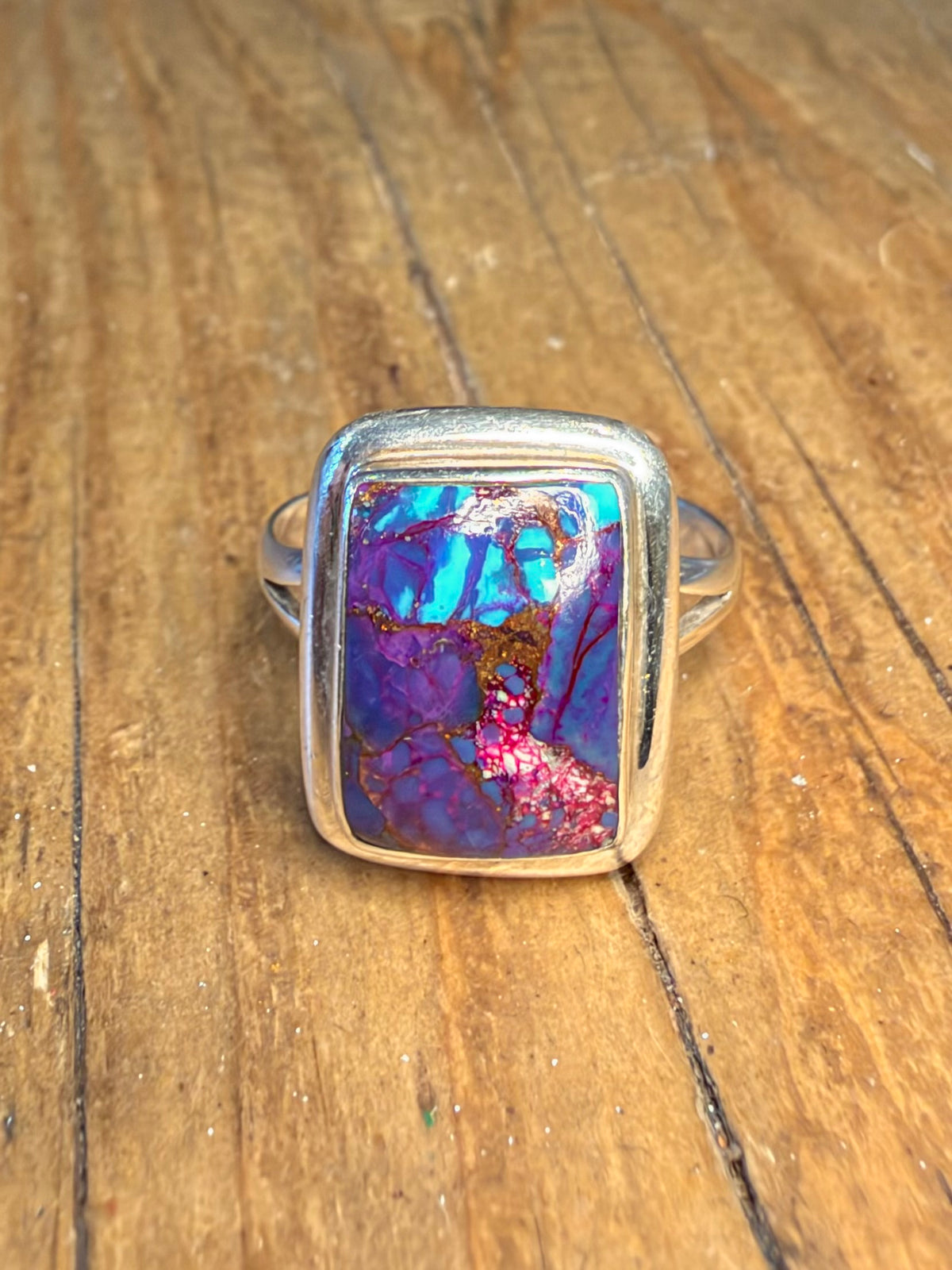 Purple Copper Turquoise Rectangle 925 Sterling Silver Size Q Ring