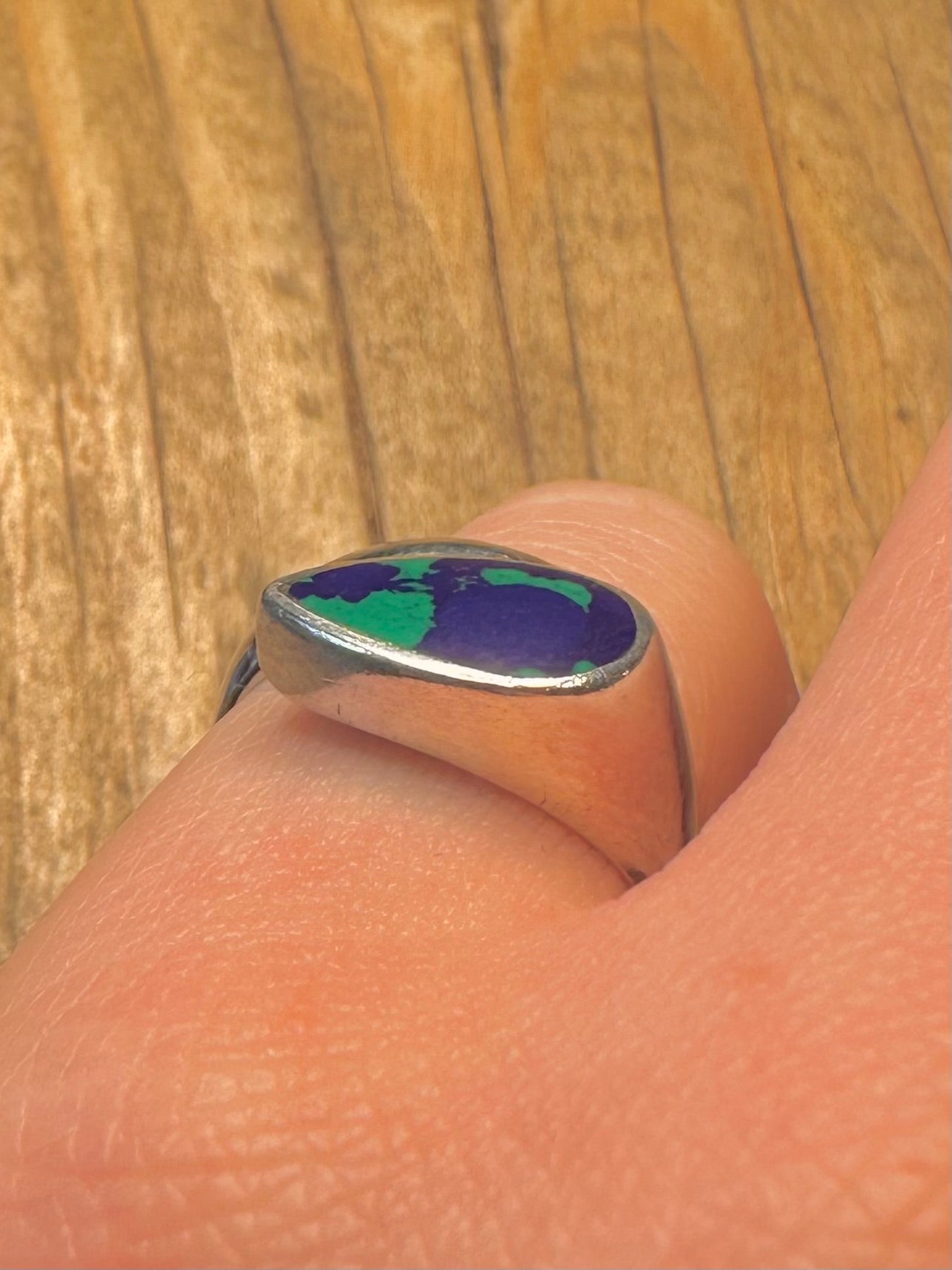 Abstract Azurite Malachite Overlapping 925 Sterling Silver Size N Ring