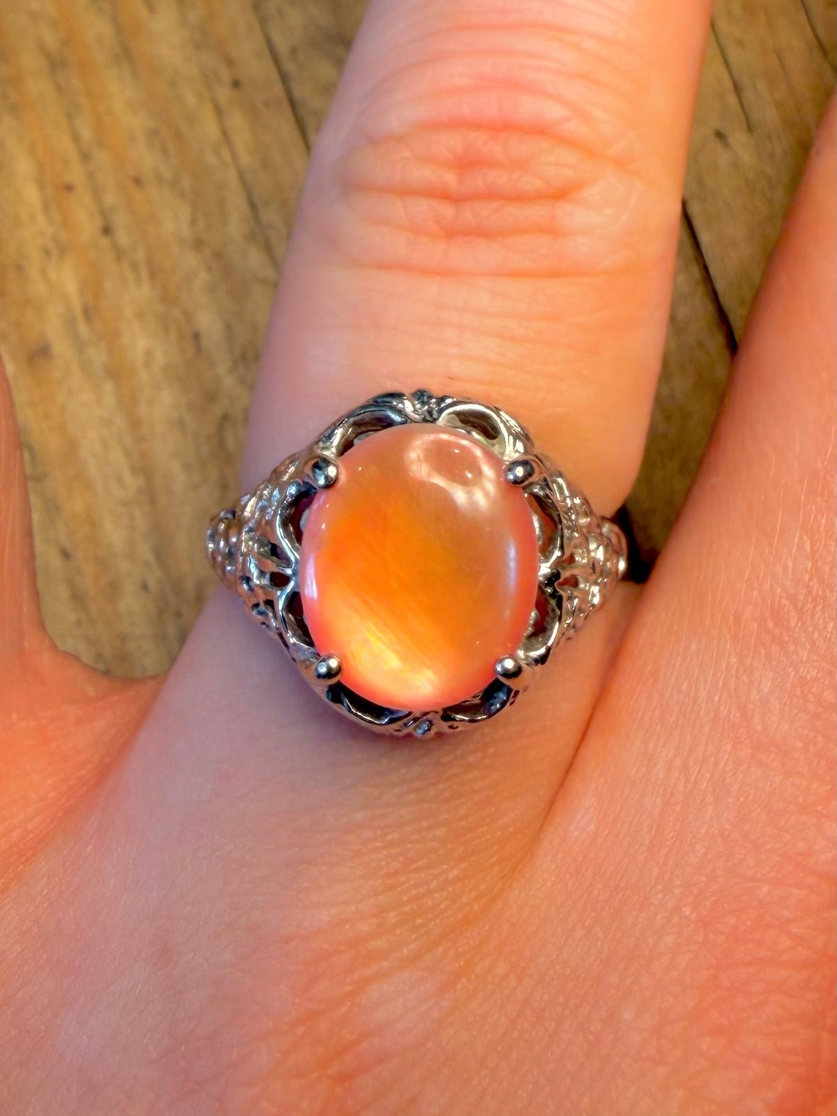 Peach Mother of Pearl Filigree 925 Sterling Silver Size Q Ring