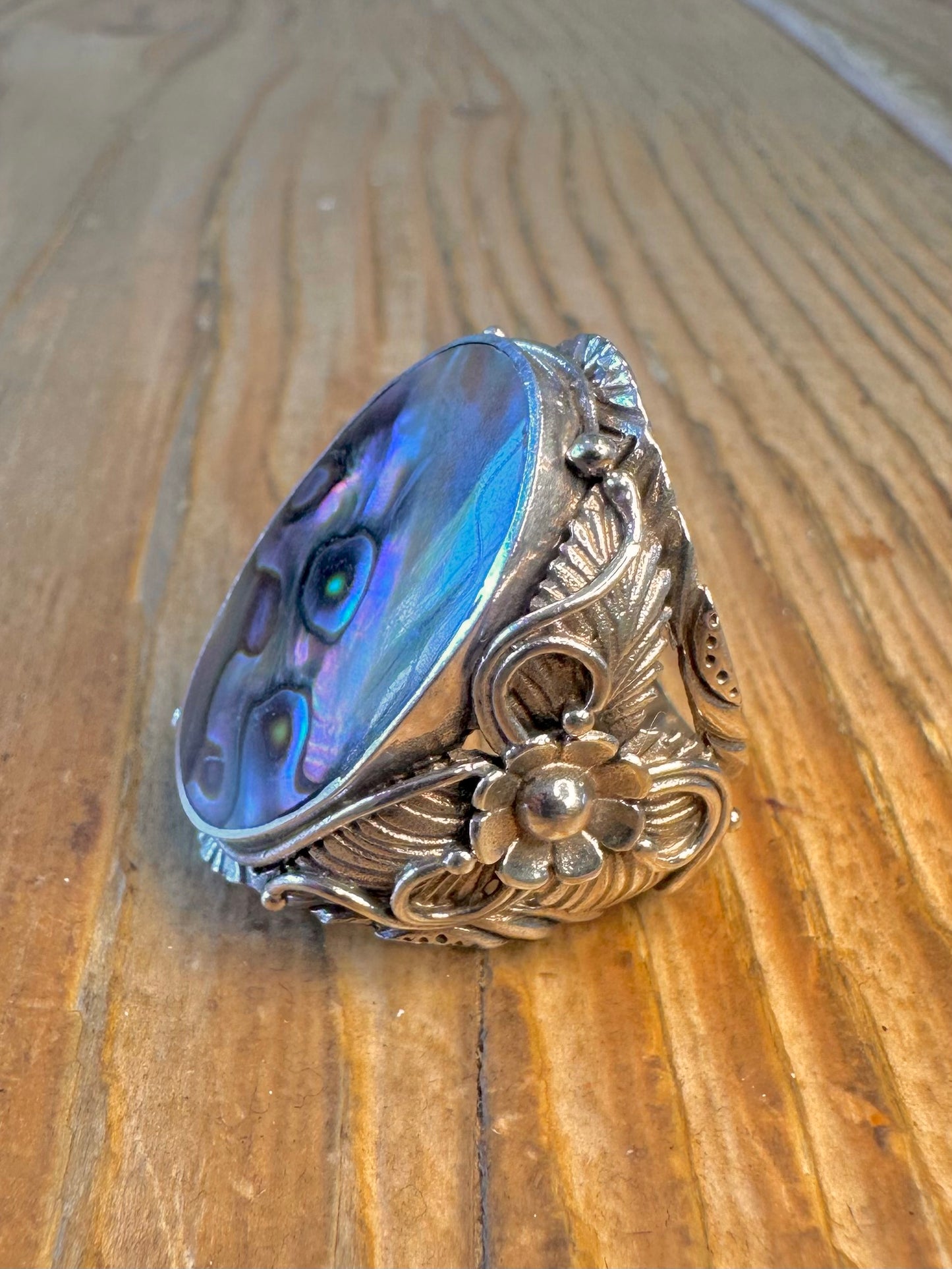 Large Abalone Floral Design and Swirls 925 Sterling Silver Size N Ring
