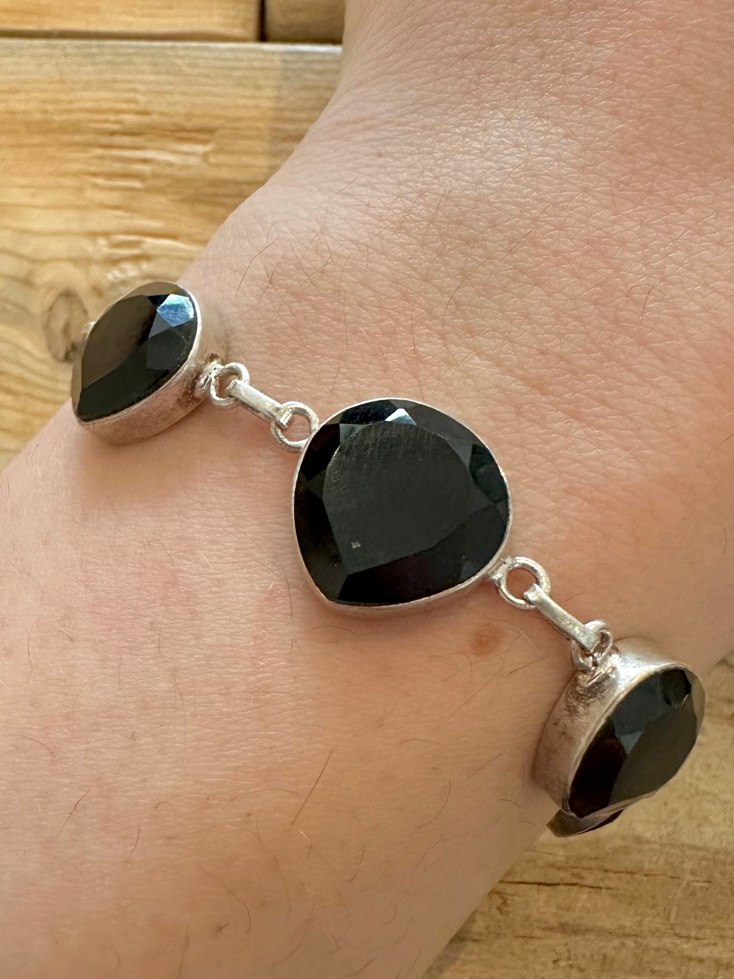 Vintage Black Onyx 925 Silver 6.5 to 7.8 inch Bracelet