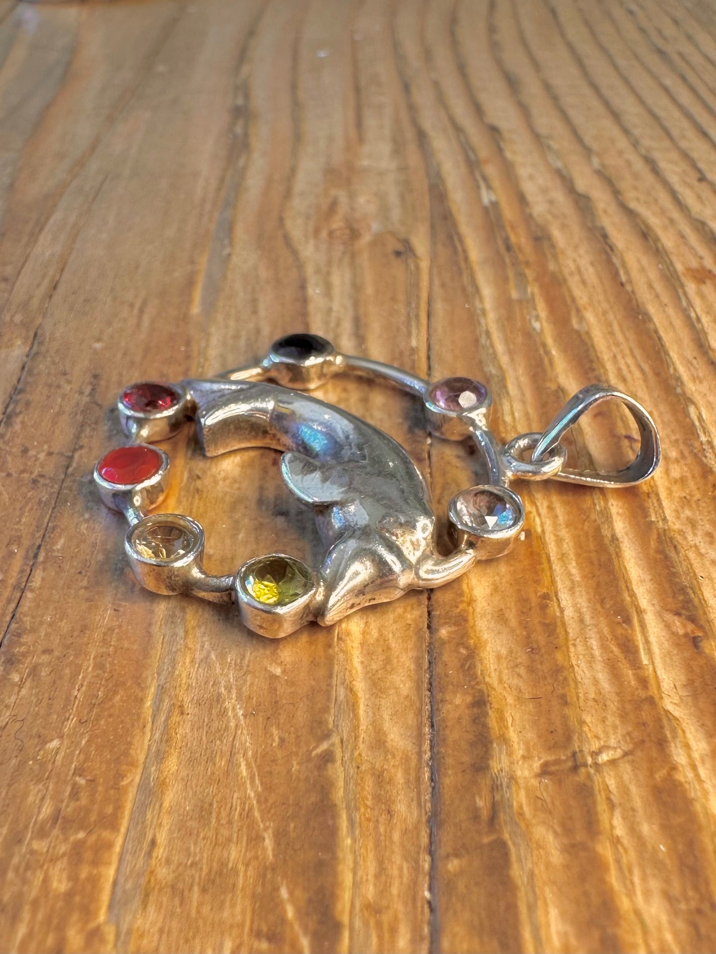 Multi Coloured Gemstone Dolphin 925 Sterling Silver Pendant