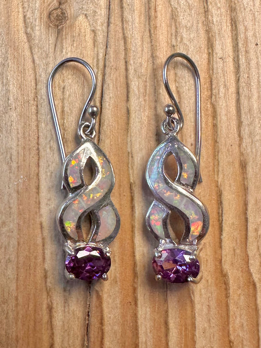 Vintage Amethyst and Opal 925 Sterling Silver Earrings