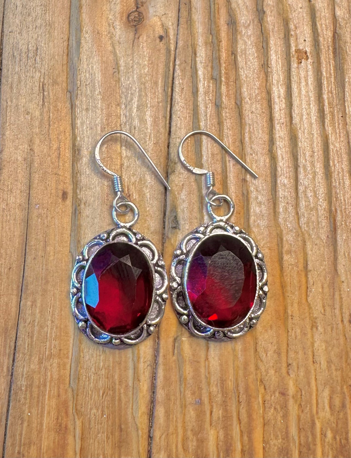 Large Faceted Red Stone Filigree Border 925 Sterling Silver Earrings