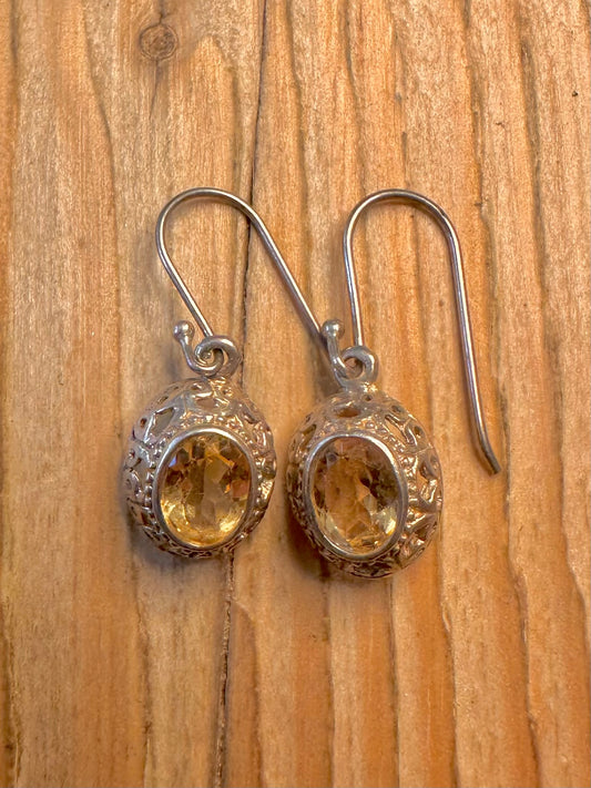 Vintage Ornate Citrine Filigree 925 Sterling Silver Earrings