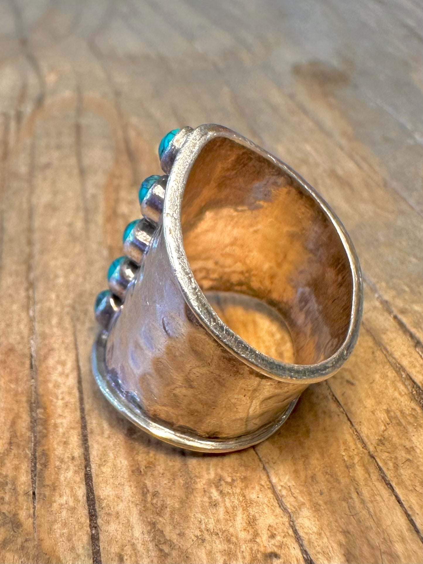 Gehämmerter Türkis langer Ring aus 925er Sterlingsilber, Größe L