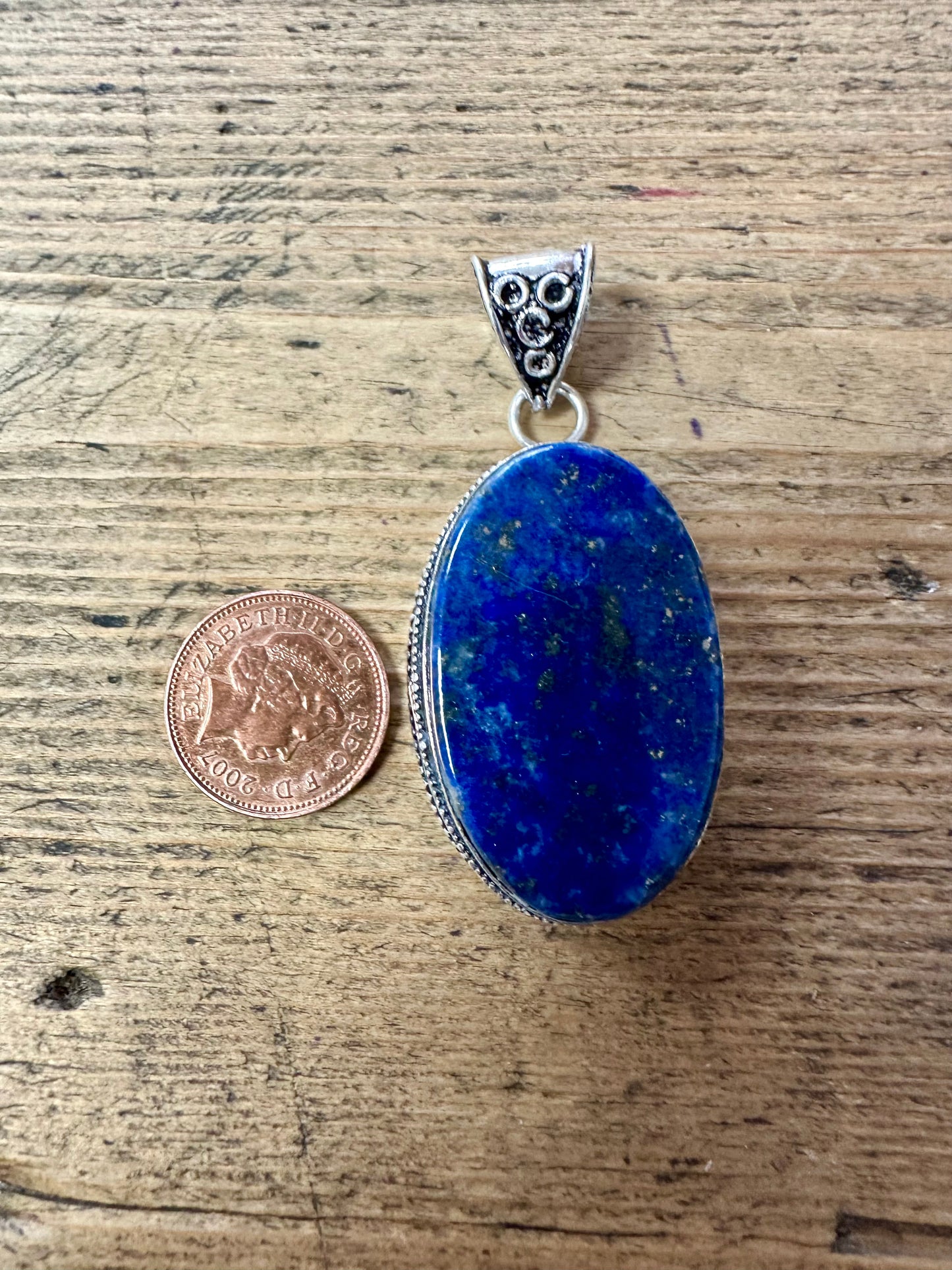 Vintage Large Oval Lapis Tribal 925 Silver Pendant