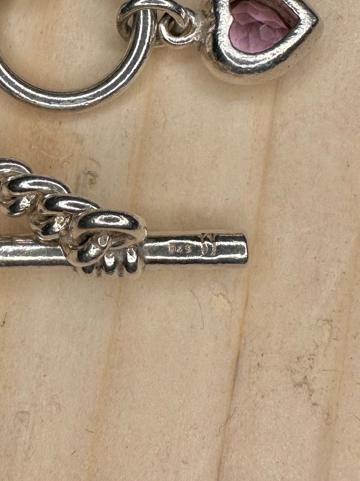 Pink Heart T Bar Curb Chain 925 Sterling Silver 7 inch Bracelet
