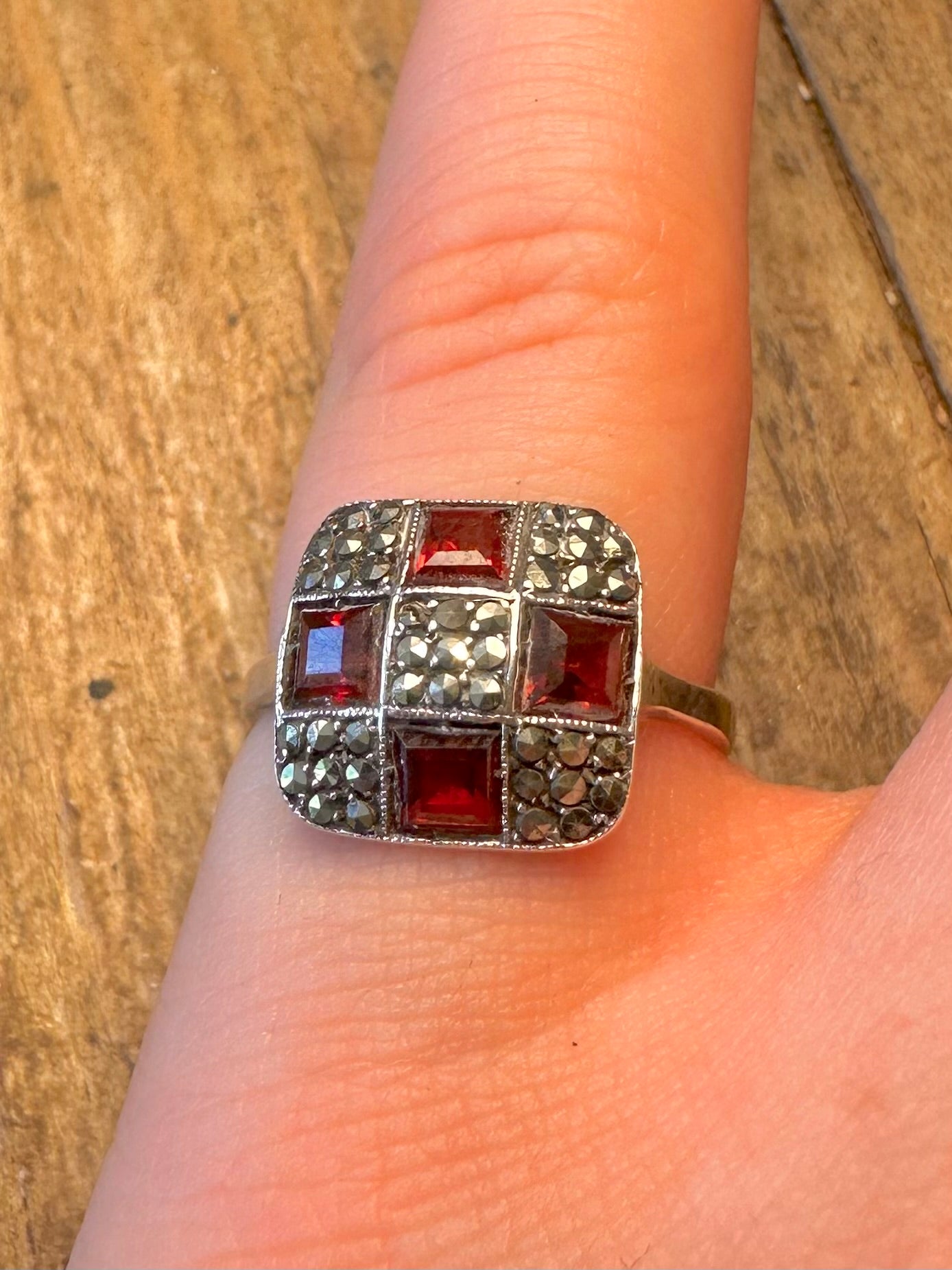 Garnet and Marcasite Square 925 Sterling Silver Size N1/2 Ring
