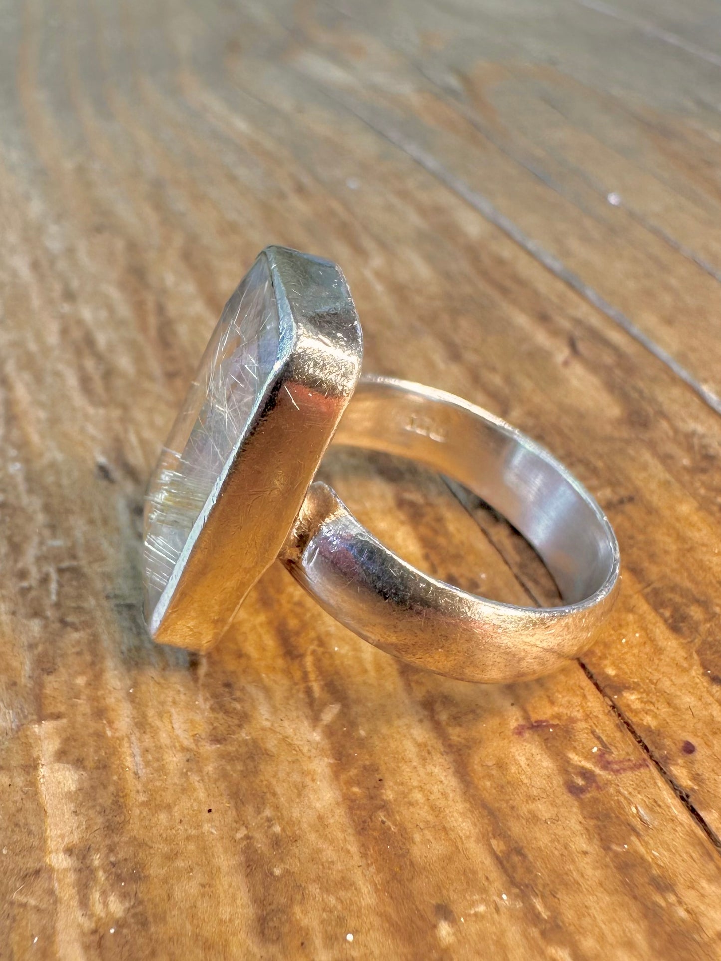Golden Rutilated Quarts Rectangle 925 Sterling Silver Size M1/2 Ring