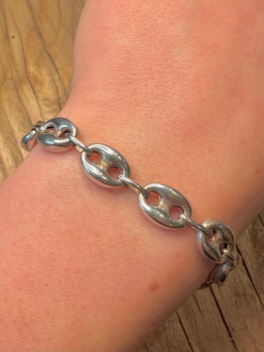 Modernist Coffee Bean Link Maker Birks 925 Sterling Silver 7.8 inch Bracelet