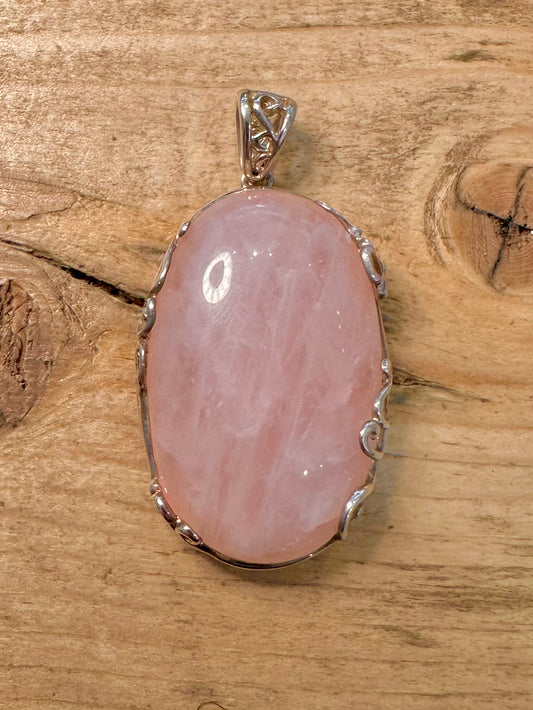 Vintage Rose Quarts Oval Floral Mount 925 Silver Pendant