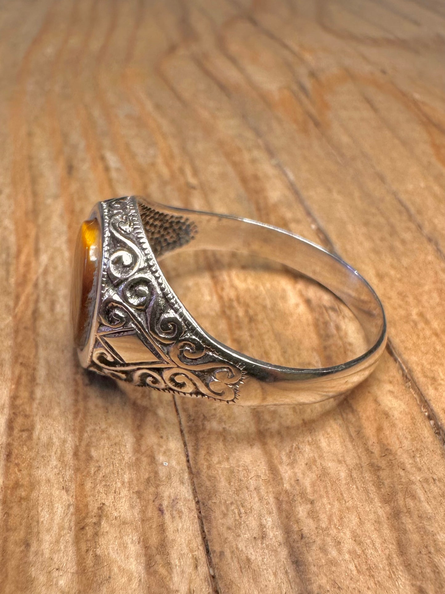Vintage Tigers Eye Engraved Signet 925 Sterling Silver Size Z+3 1/2 Ring