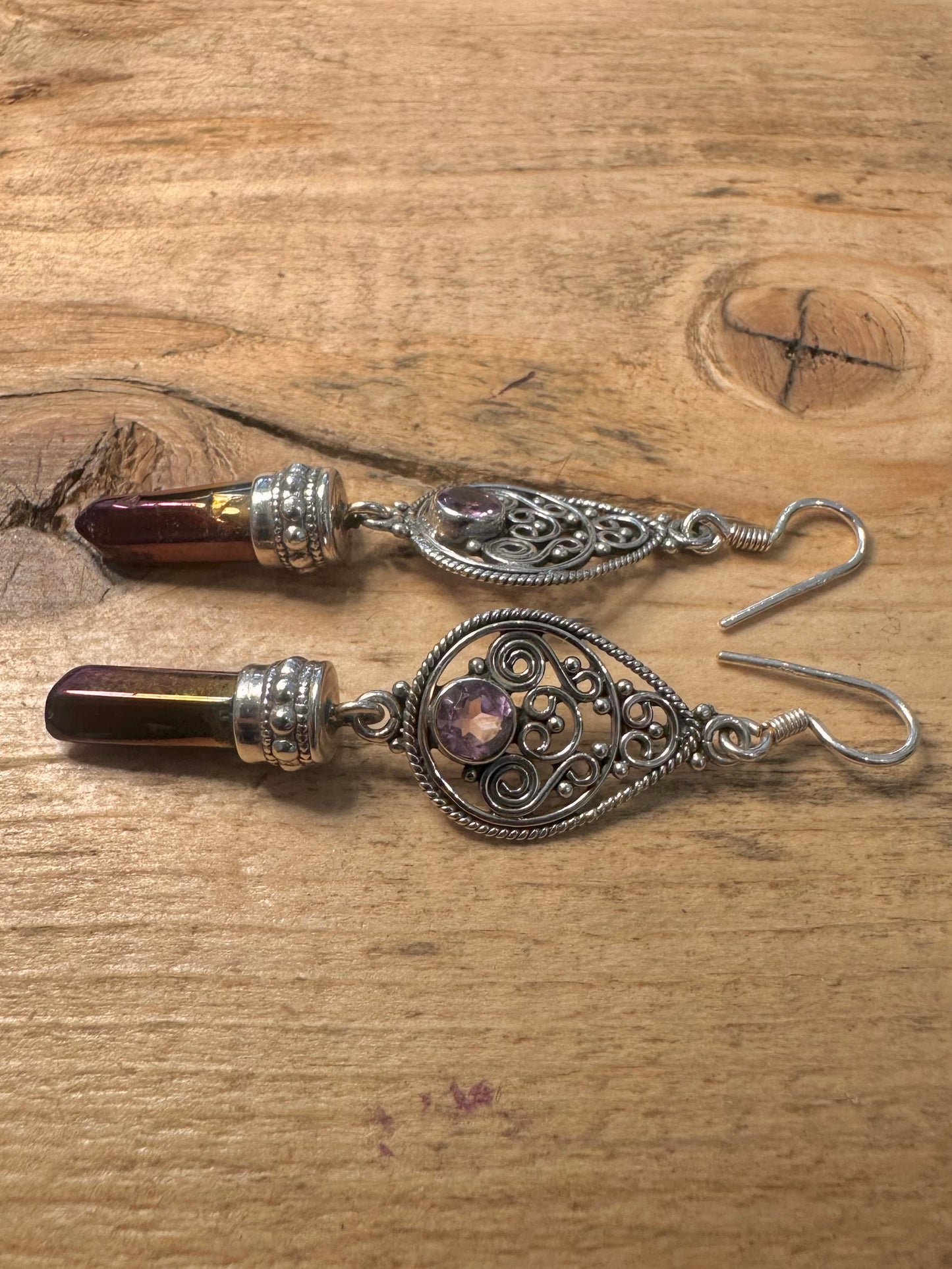 Vintage Amethyst and Multi Coloured Pillar Boho Filigree 925 Silver Earrings