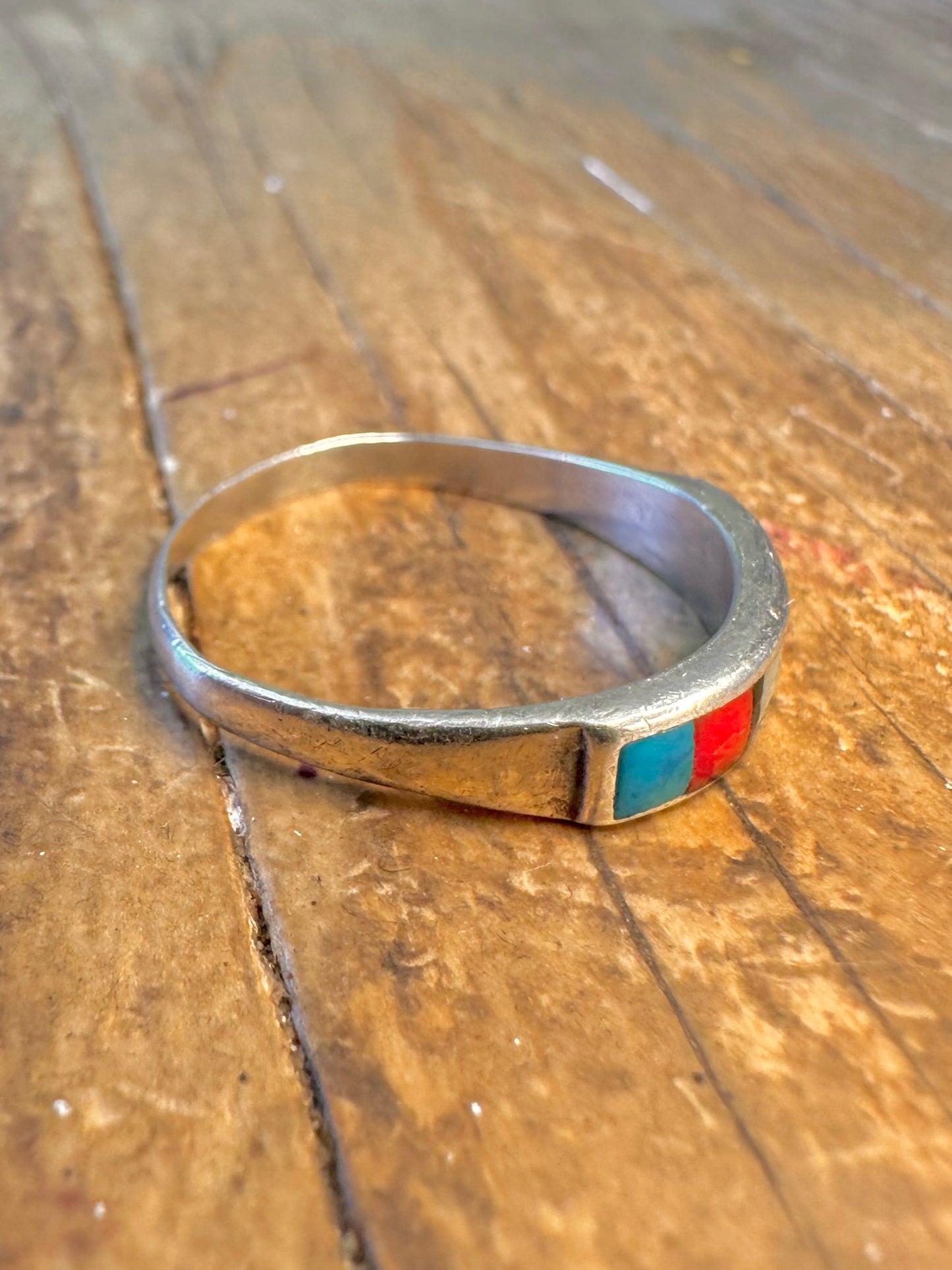 Zuni Style Turquoise Mother of Pearl Coral 925 Sterling Silver Size S Ring