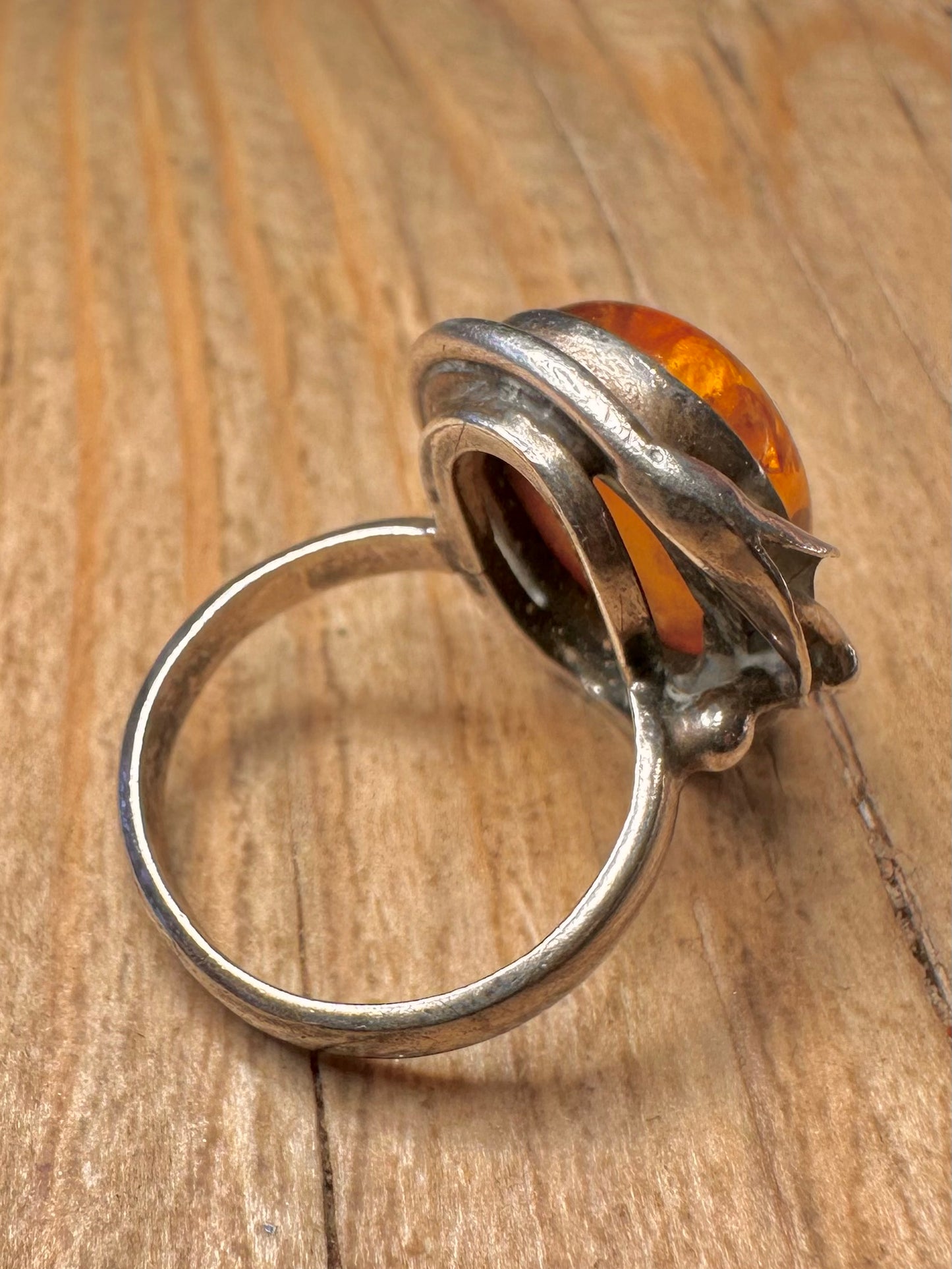 Vintage Art Nouveau Style Amber 925 Sterling Silver Size M Ring