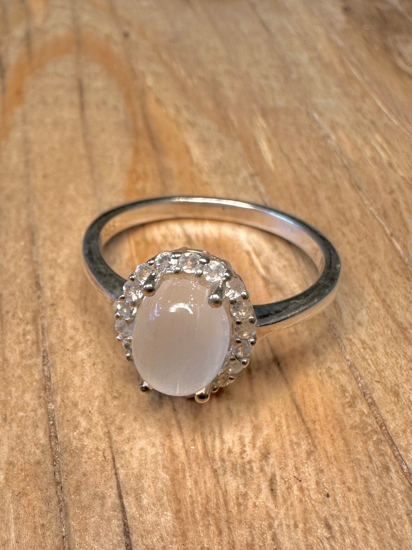 Vintage Moonstone and White CZ 925 Sterling Silver Size S Ring