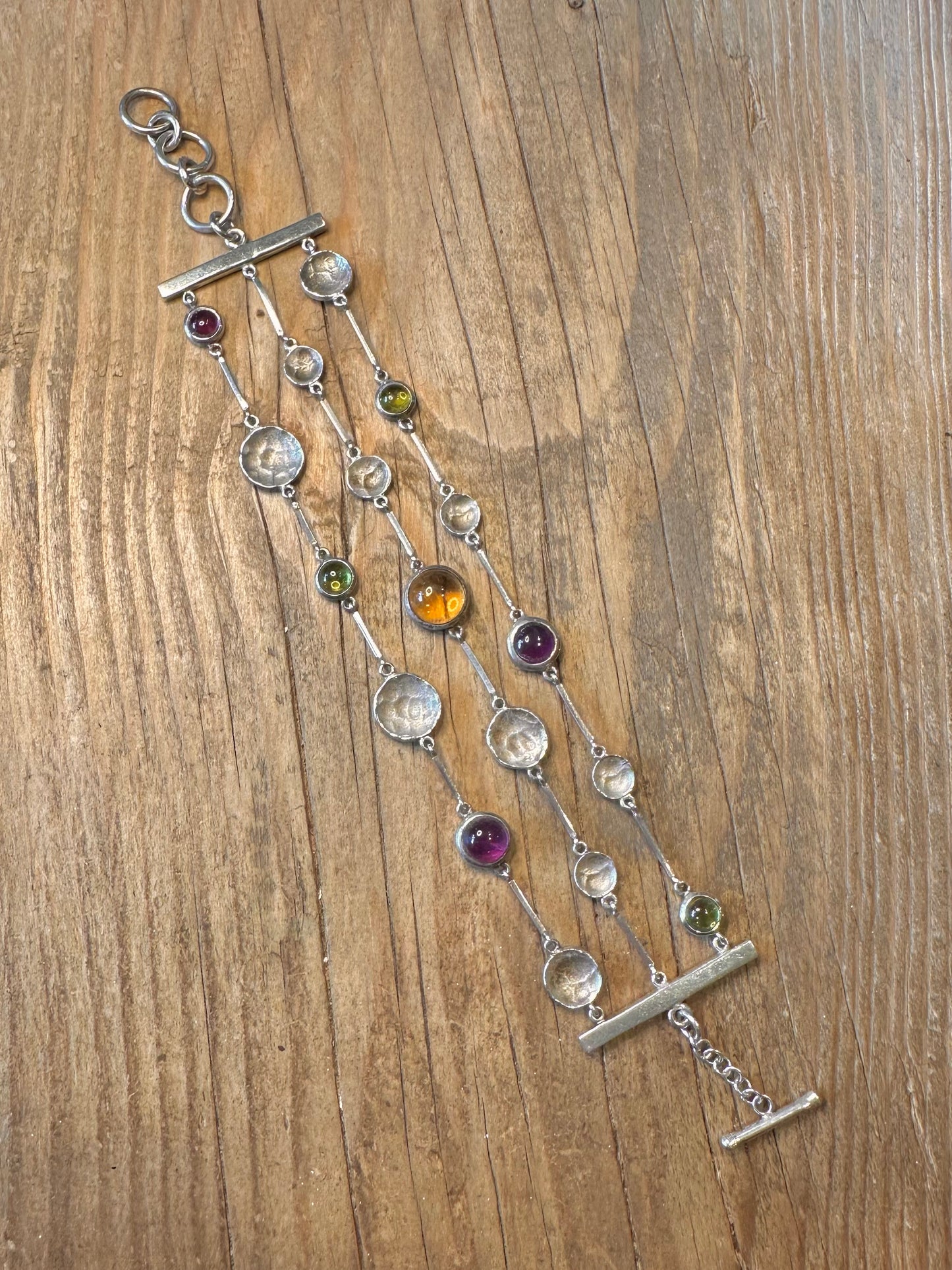Modernist Multi Gemstone Hammered Three Strands T Bar 925 Sterling Silver 7.5 to 8.5 inch Bracelet