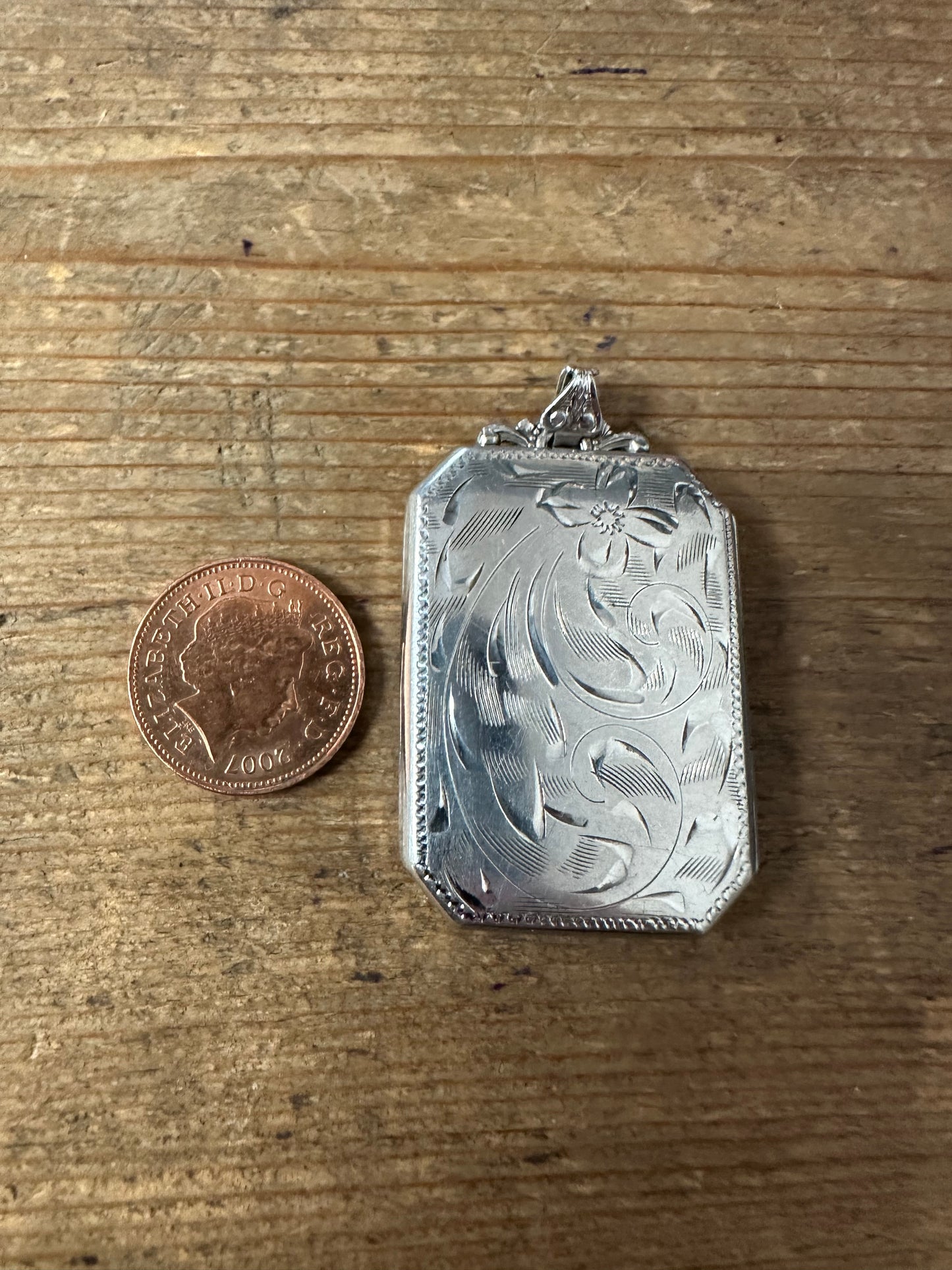 Vintage Large Rectangular Floral Engraved Sterling Silver Ecco Ster Locket Pendant