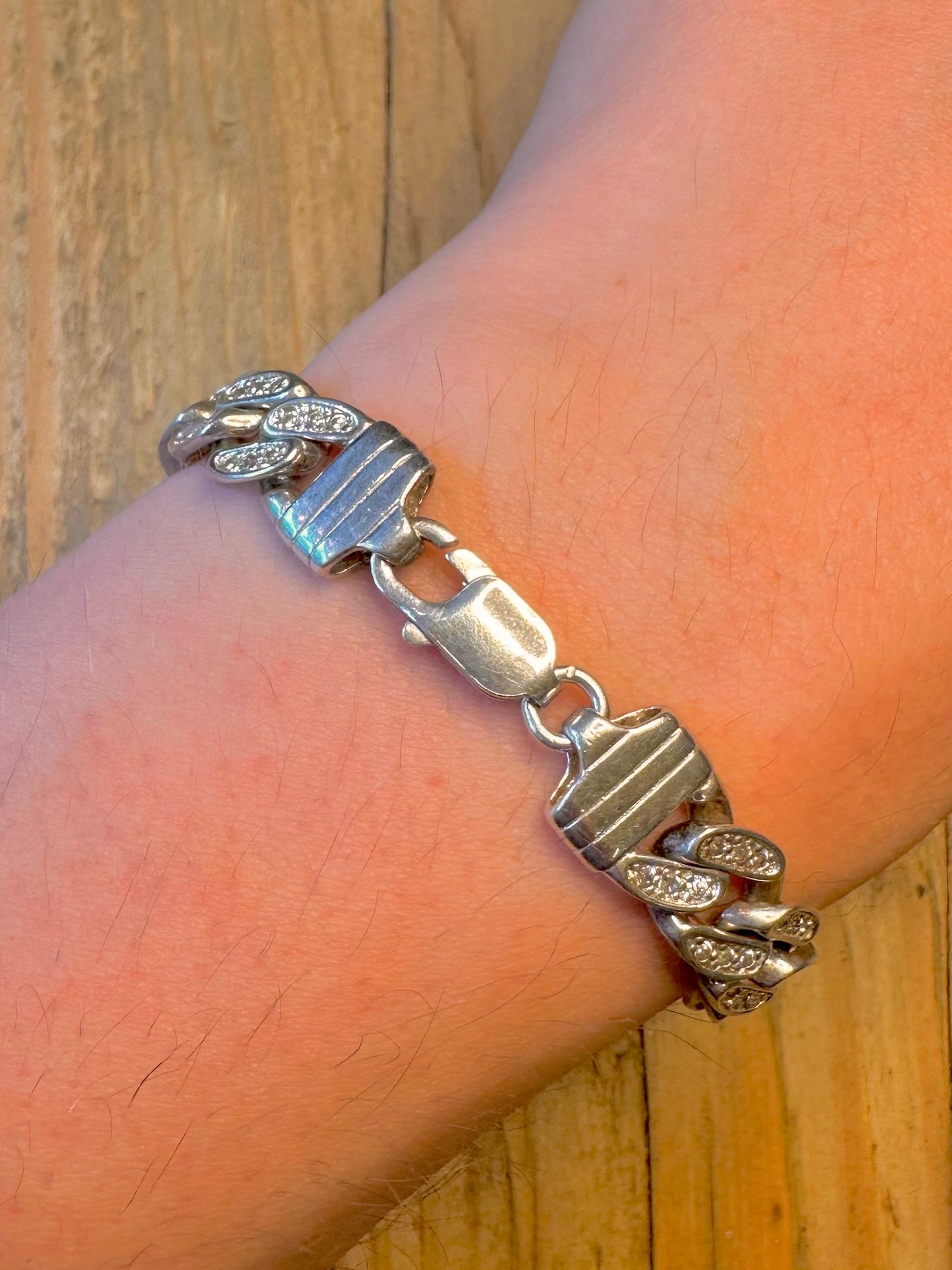 Curb Chain CZ White Stones 925 Sterling Silver 8.5 inch Bracelet