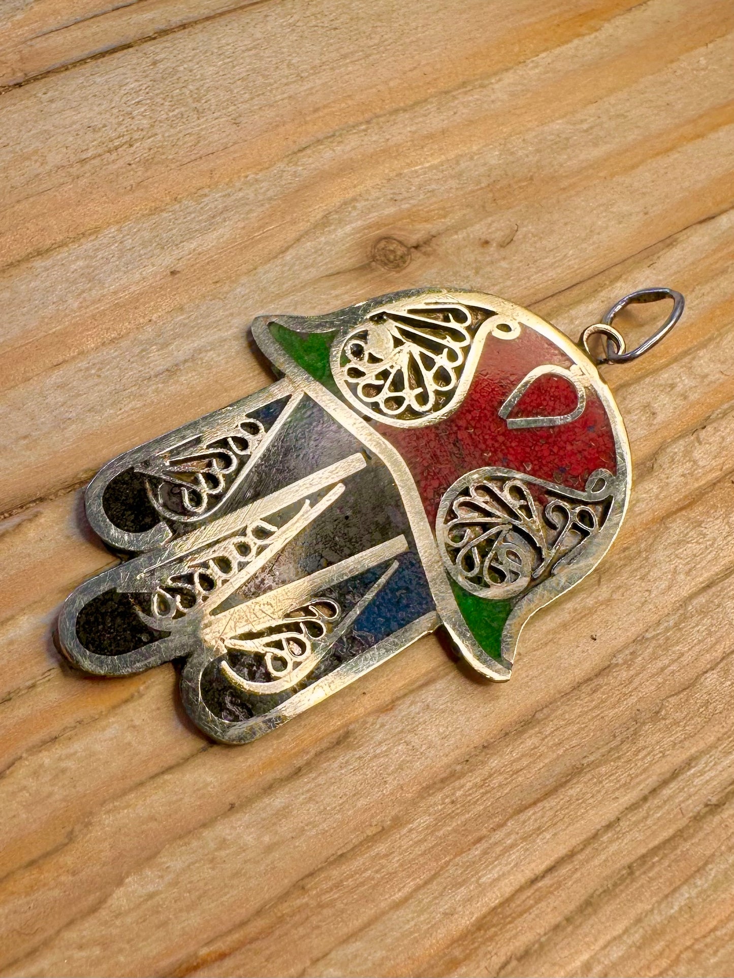 Vintage Hamsa Multicoloured Inlay 925 Sterling Silver Pendant