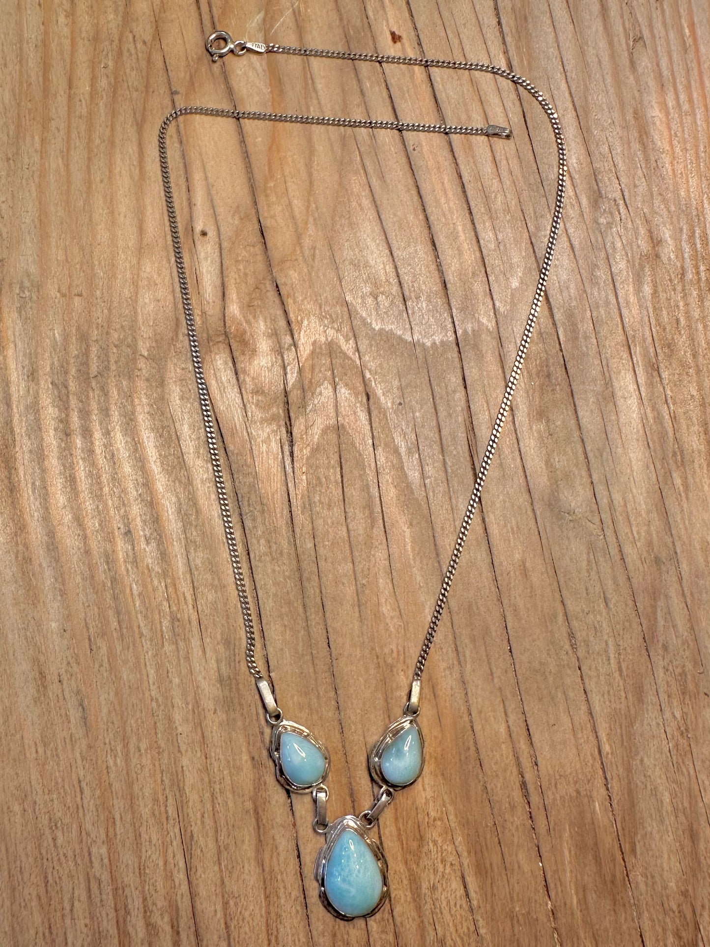 Vintage Larimar Teardrops Curb Chain 925 Sterling Silver 18.2 inch Necklace