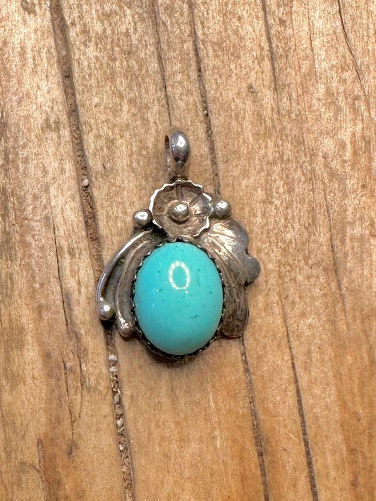 Vintage Navajo Polished Turquoise Floral 925 Sterling Silver Pendant