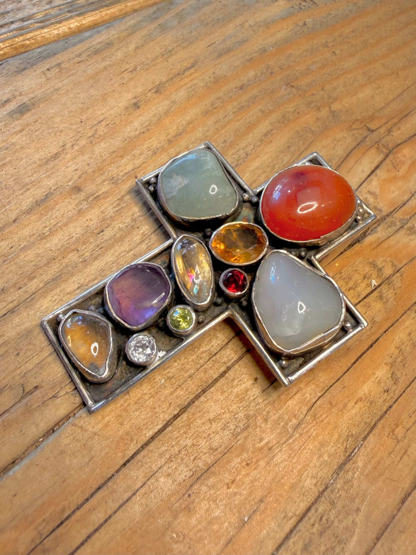 Large Multi Gemstone Cross 925 Sterling Silver Pendant