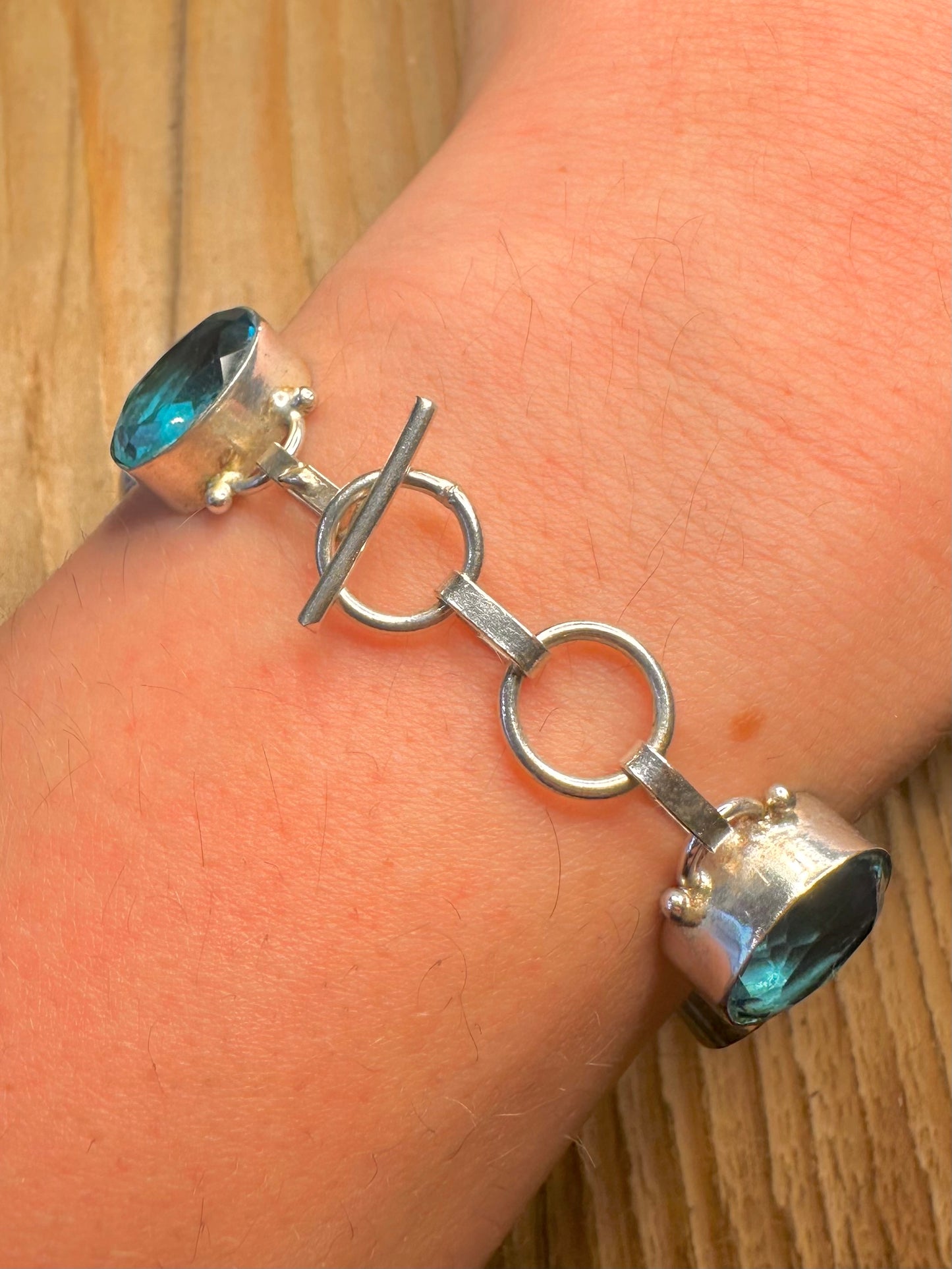 Vintage Blue Topaz Oval Link 925 Sterling Silver 7 to 7.5 inch Bracelet