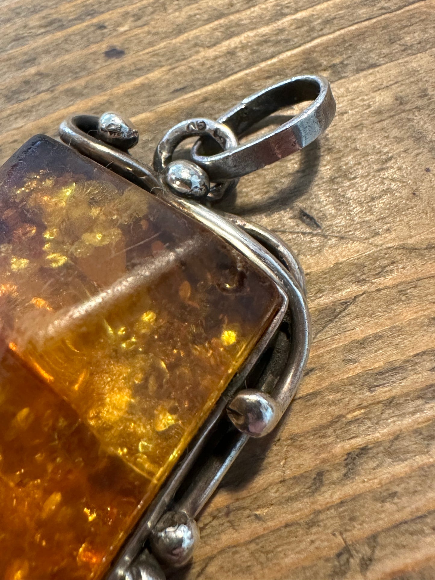 Vintage Ornate Rectangle Amber 925 Silver Pendant