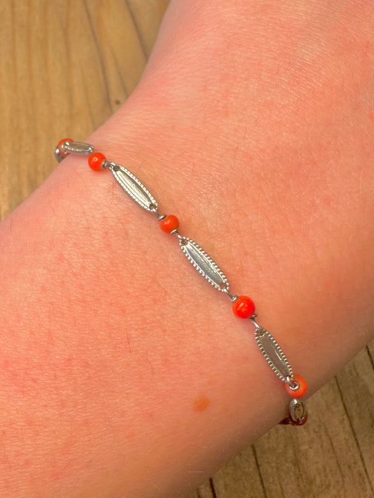 Vintage Coral Beads and Bar 835 Silver 6.4 inch Bracelet