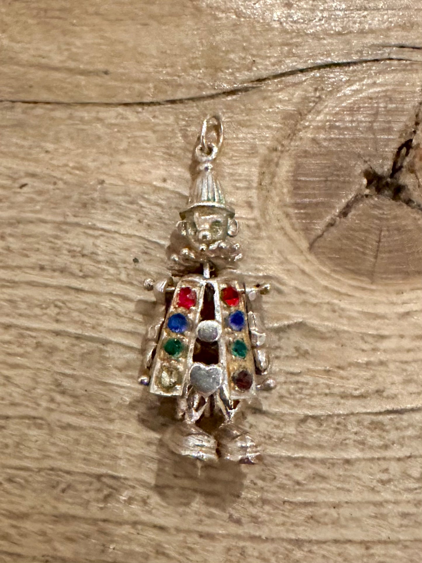 Vintage Articulated Clown with Gemstones 925 Silver Pendant