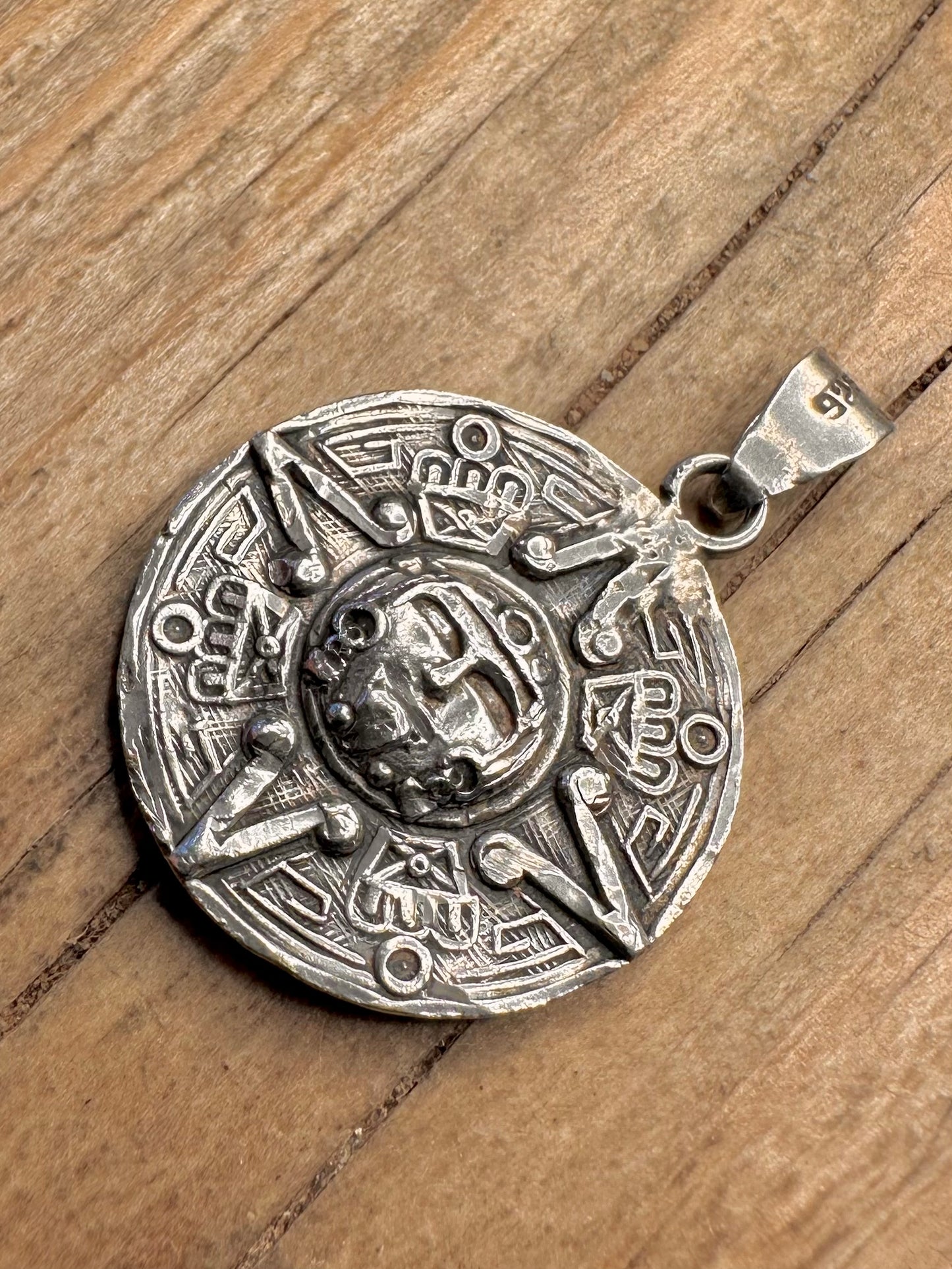 Vintage Aztec Sun Calendar 925 Sterling Silver Pendant
