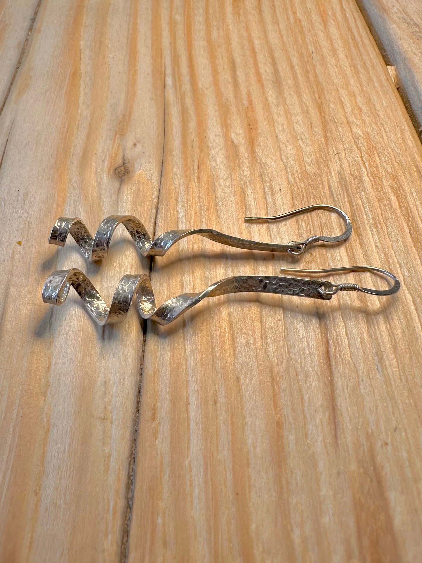 Abstract Hammered Long Twist 925 Silver Earrings