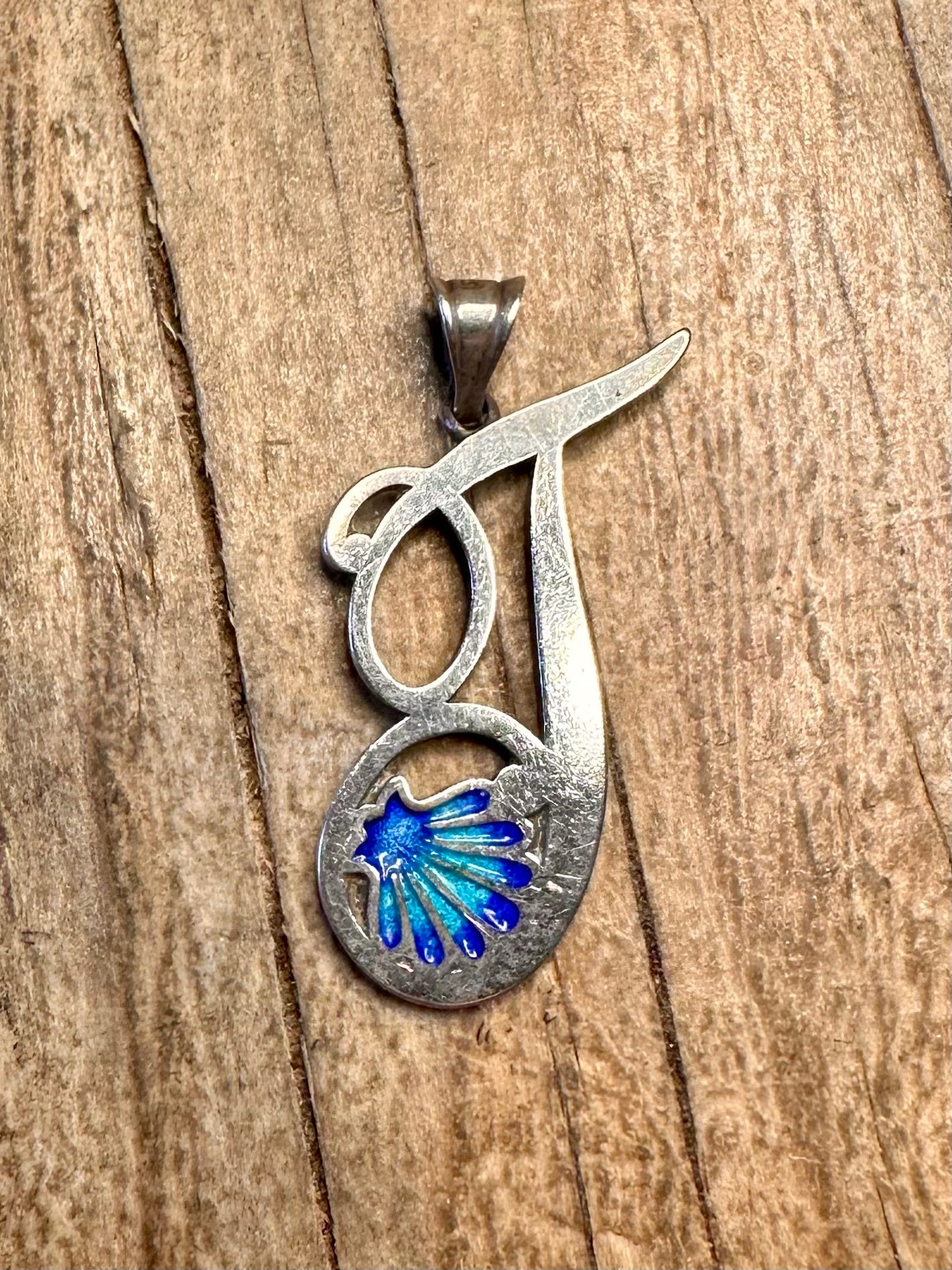Vintage Blue Enamel Painted 926 Sterling Silver Pendant